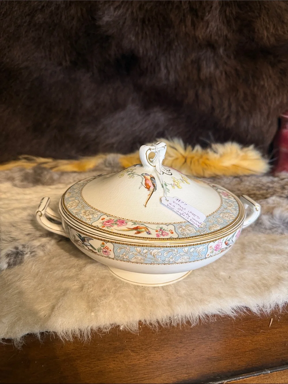 Cream Porcelain Covered Serving Bowl with Floral & Bird Motif (5240)